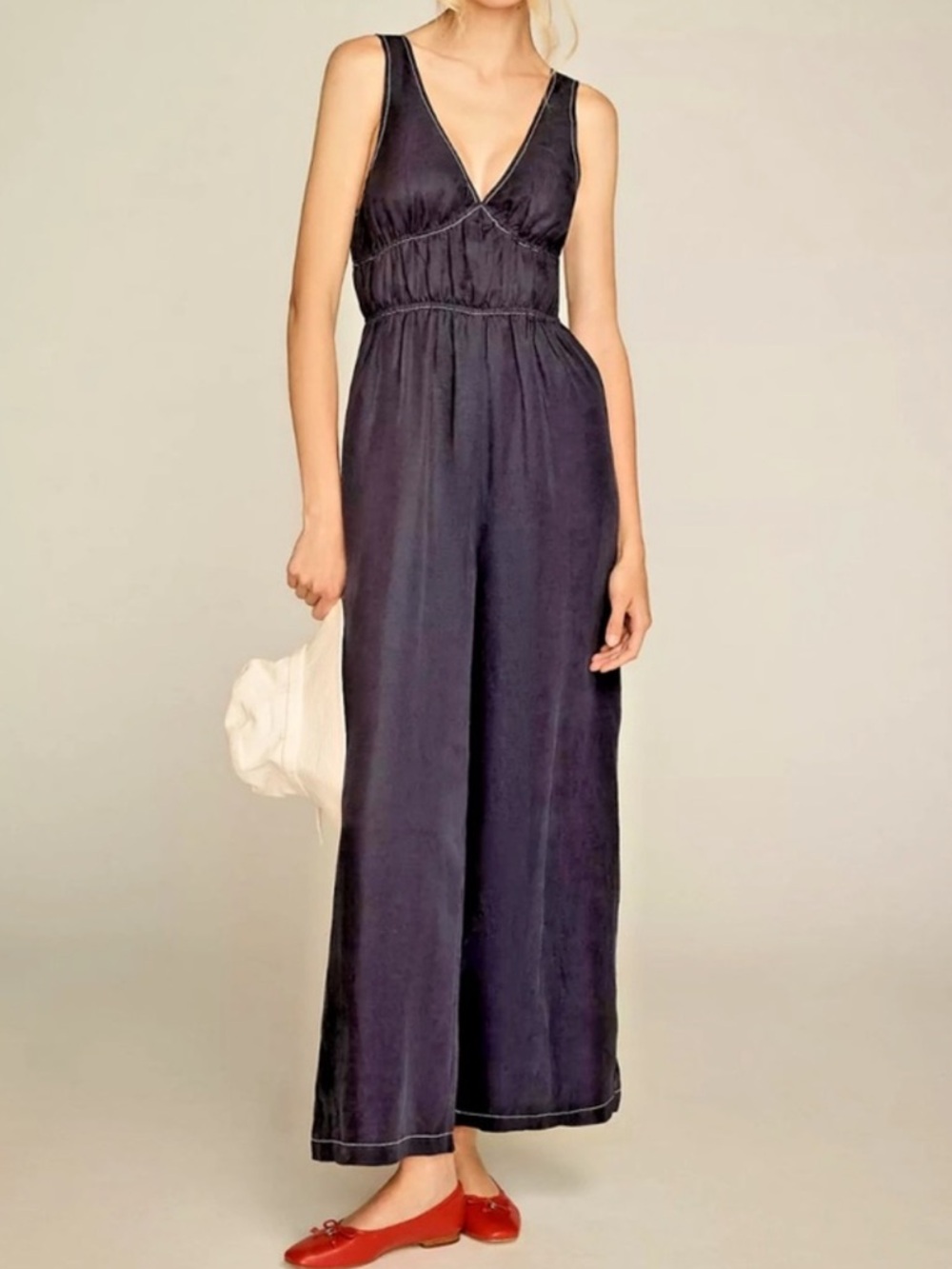 Anthropologie Sancia Oda V-Neck Wide-Leg Jumpsuit in Navy